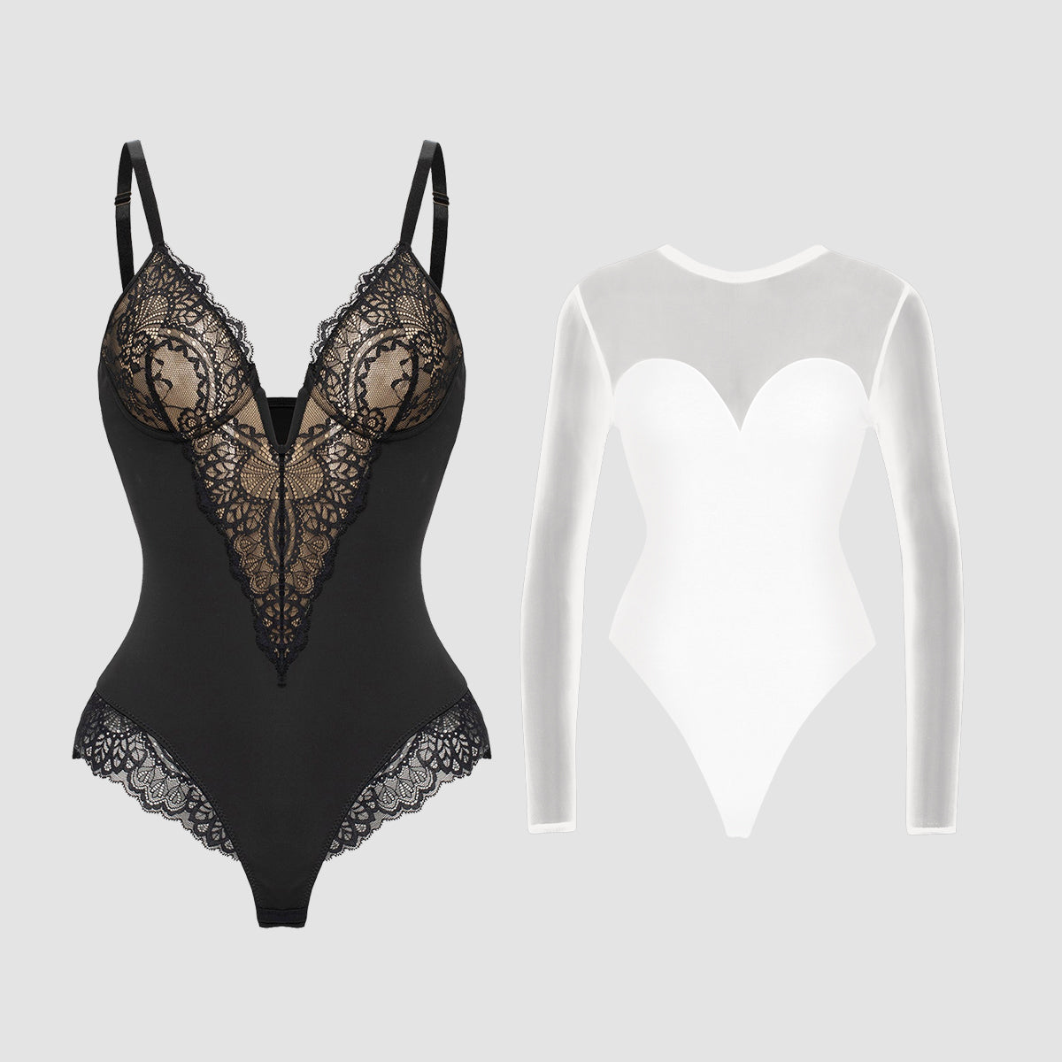 Deep-V Neck Lace Shapewear & Sheer Mesh Shapewear Thong Bodysuit