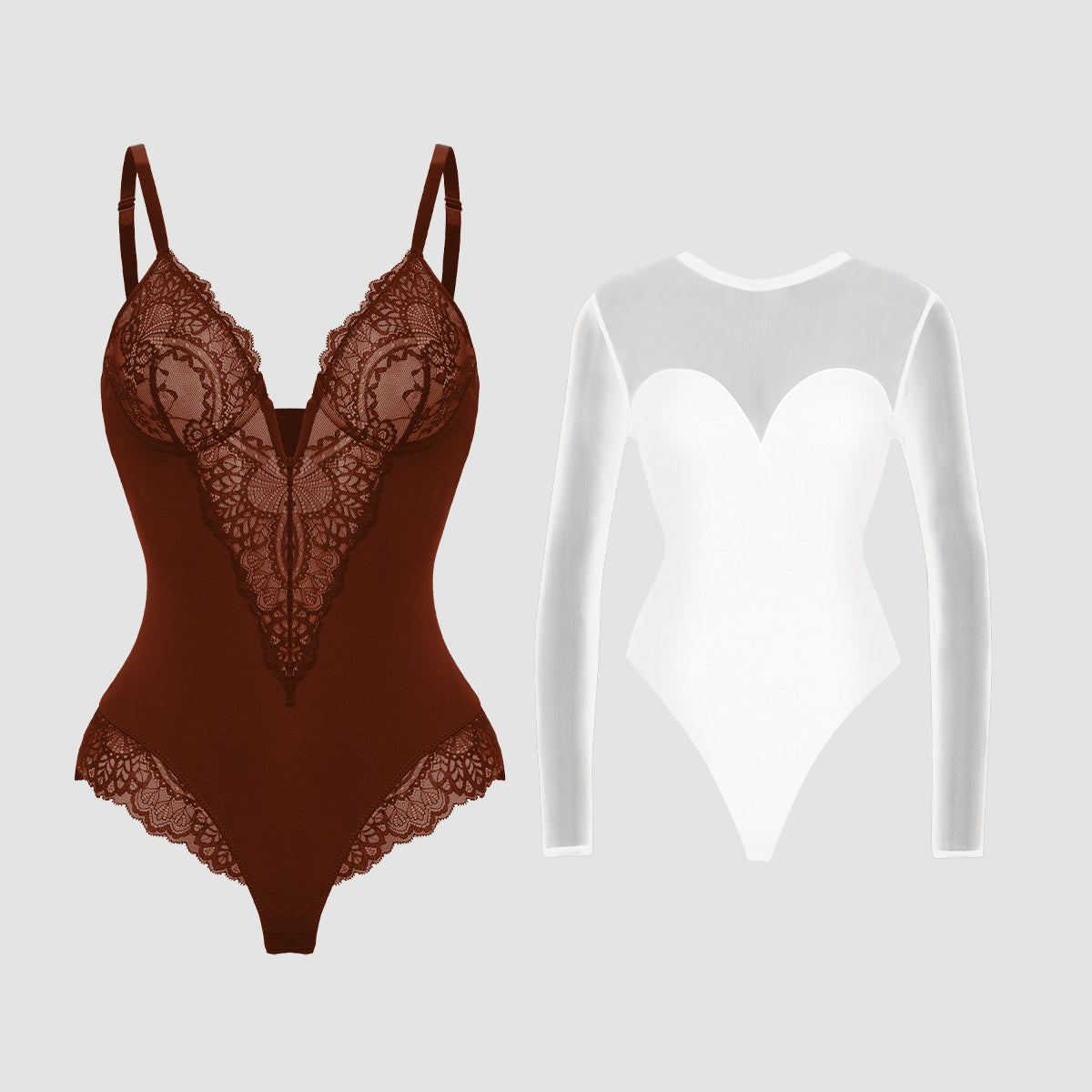 Deep-V Neck Lace Shapewear & Sheer Mesh Shapewear Thong Bodysuit