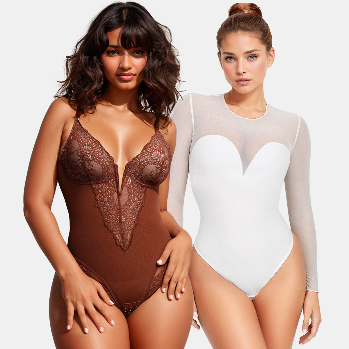 Deep-V Neck Lace Shapewear & Sheer Mesh Shapewear Thong Bodysuit