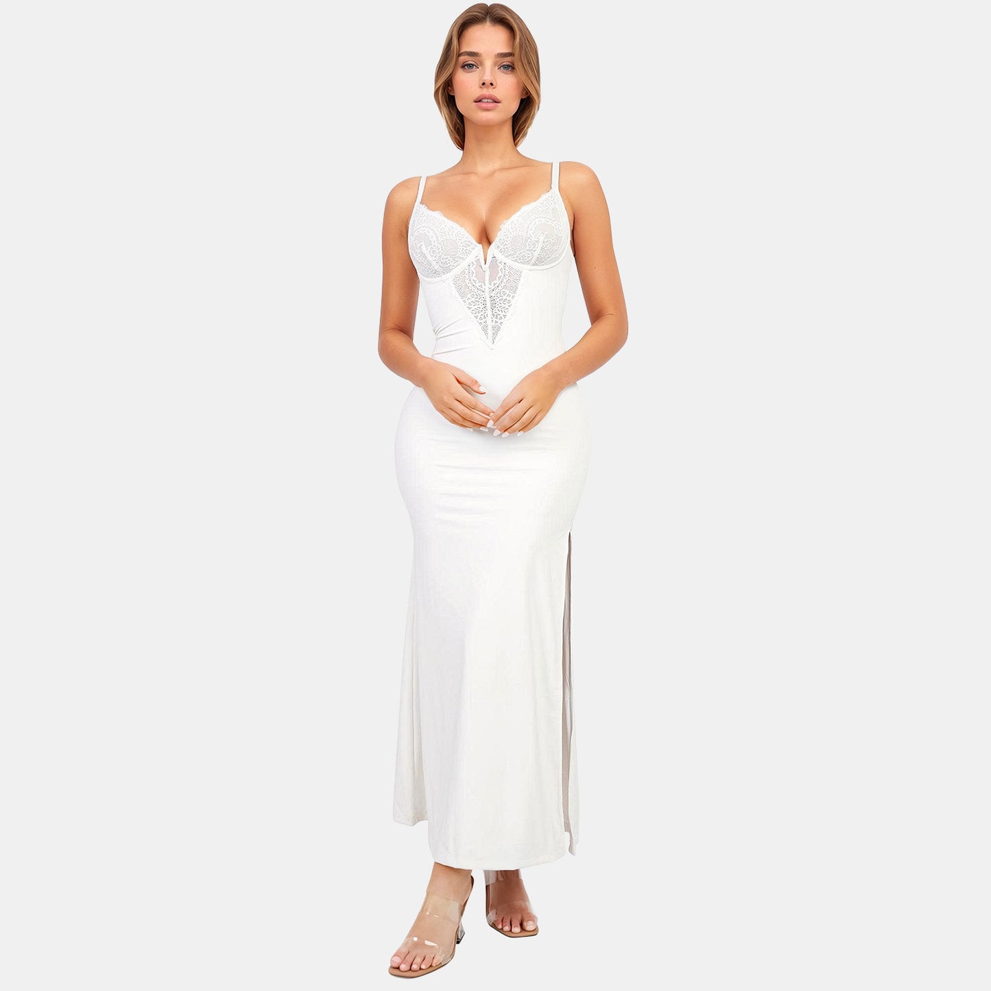 Built-In Shaper Lace Slip Maxi Dress