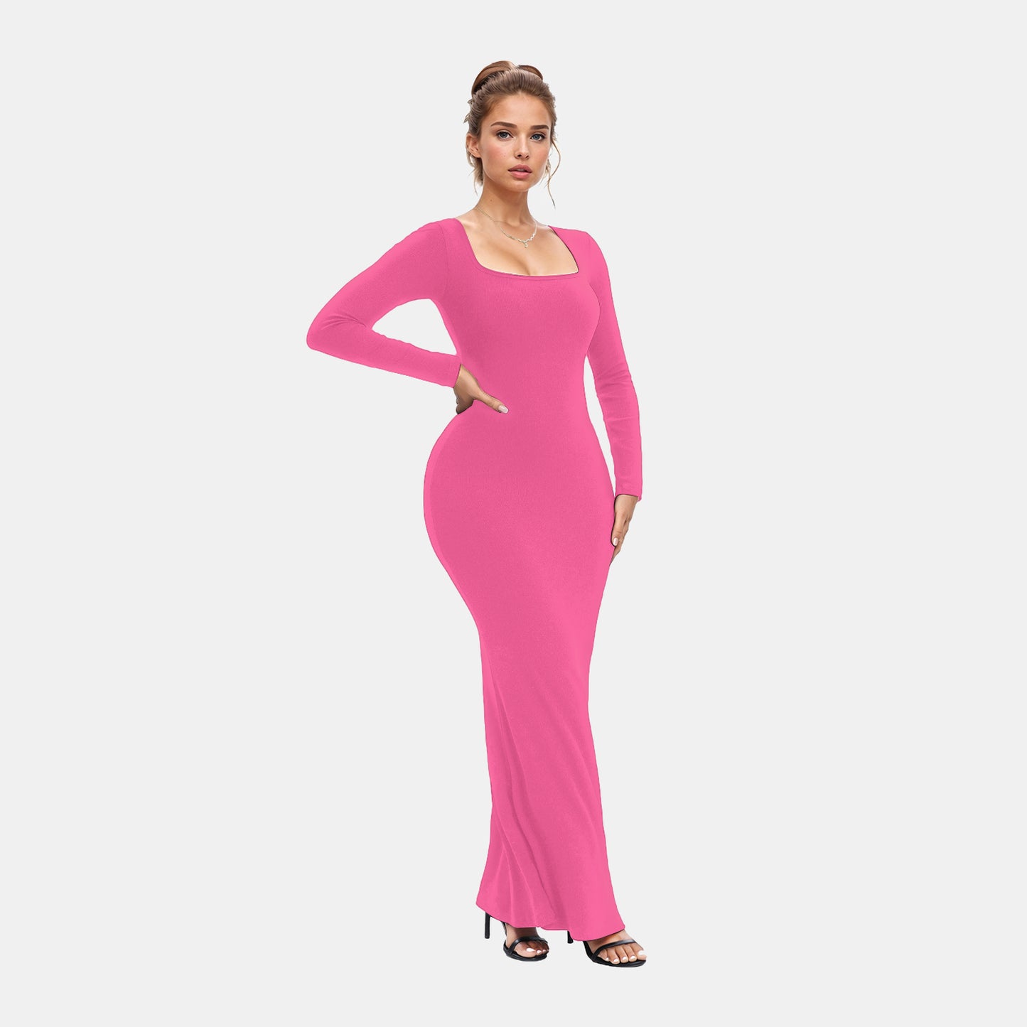 Built-In Shaper Long Sleeve Square Neck Maxi Dress