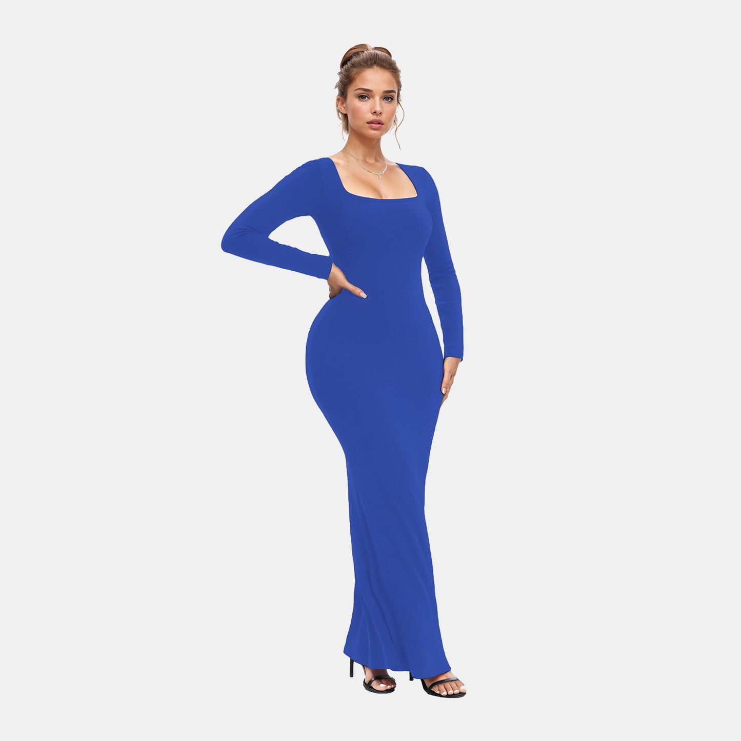 Built-In Shaper Long Sleeve Square Neck Maxi Dress