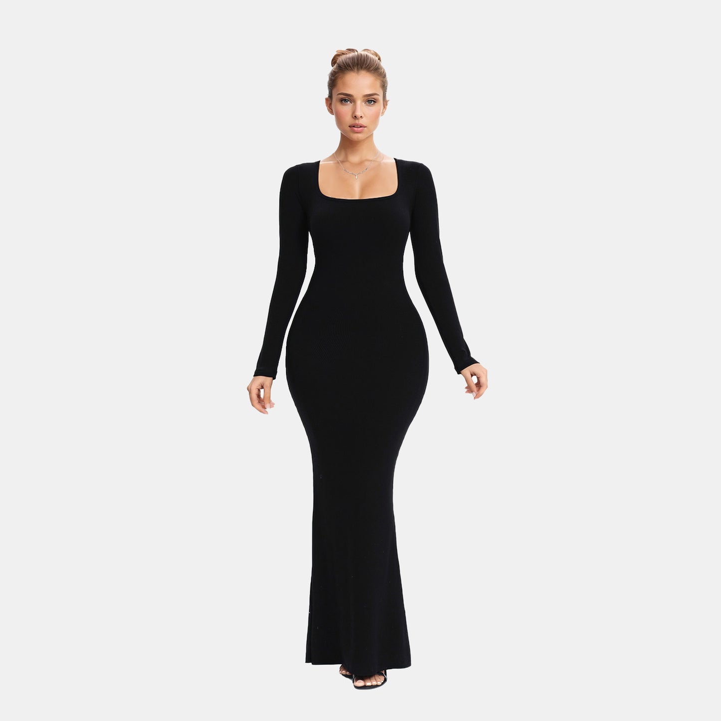 Built-In Shaper Long Sleeve Square Neck Maxi Dress