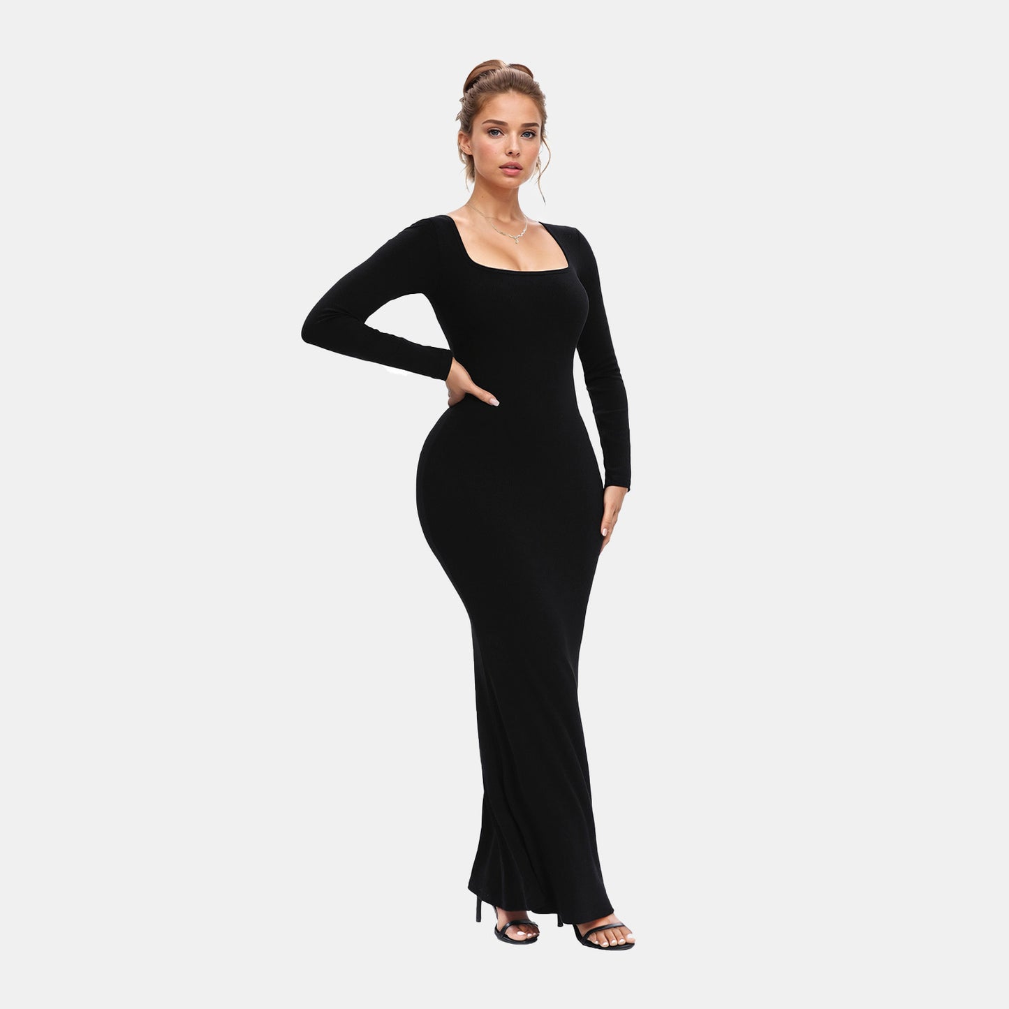 Built-In Shaper Long Sleeve Square Neck Maxi Dress