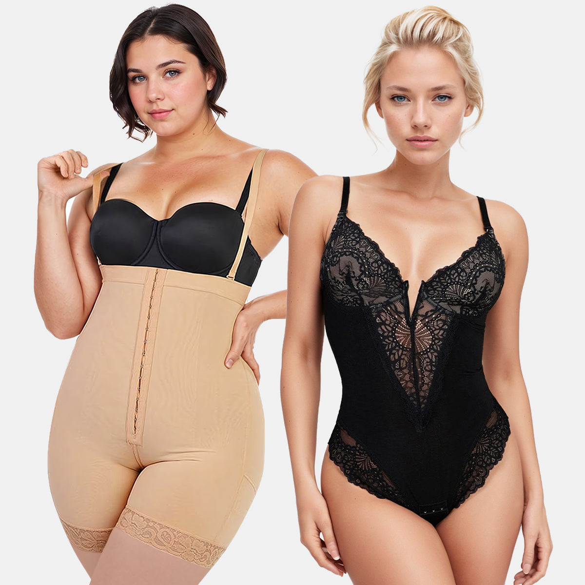 Tummy Control Butt Lifter Shaper & Deep-V Neck Lace Shapewear