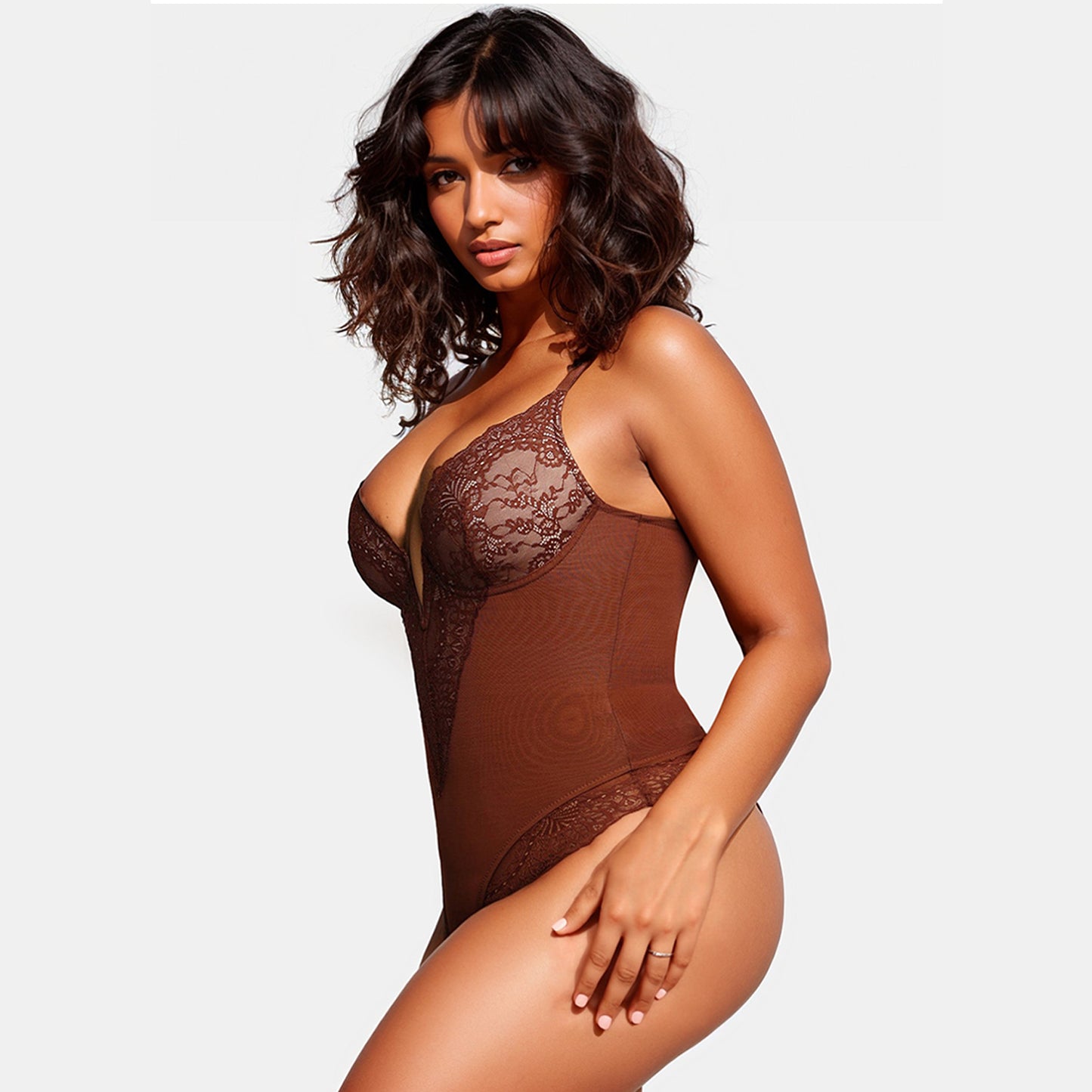 Deep-V Neck Lace Shapewear & Sheer Mesh Shapewear Thong Bodysuit