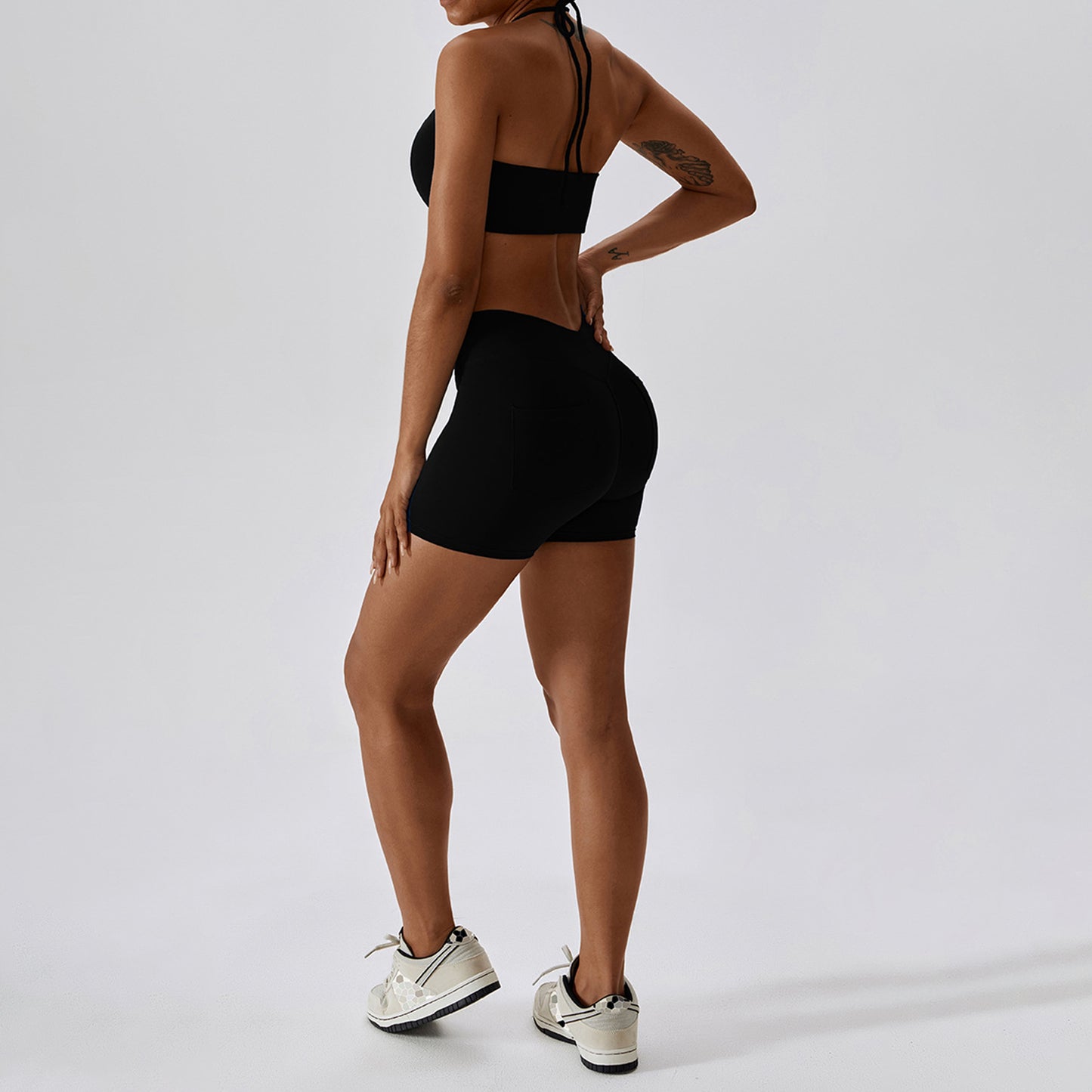 Backless Halter Workout Bra & Pockets Shorts Set