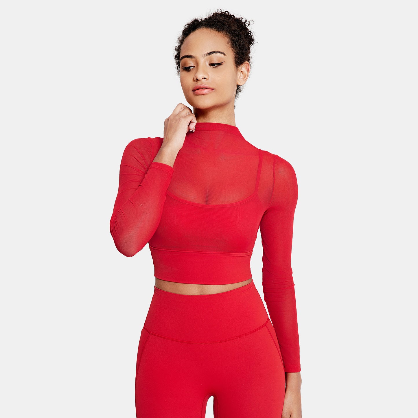 Red Mesh Long Sleeve Sports Top