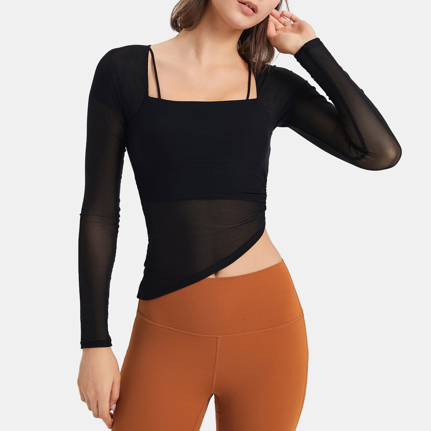 Mesh Square Neck Long Sleeve Sports Top