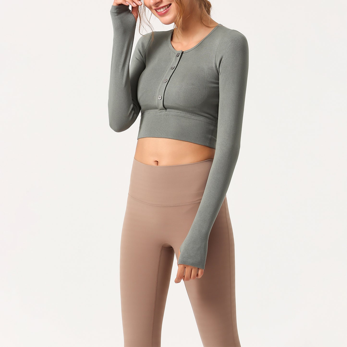 Button Long Sleeve Crop Top