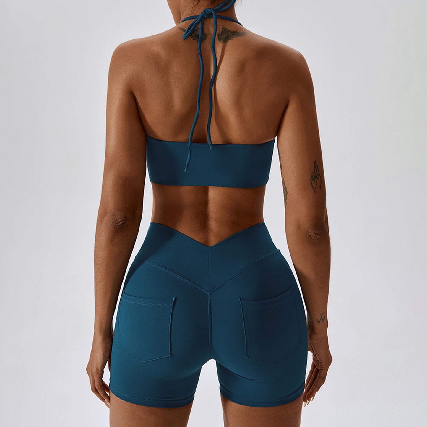 Backless Halter Workout Bra & Pockets Shorts Set