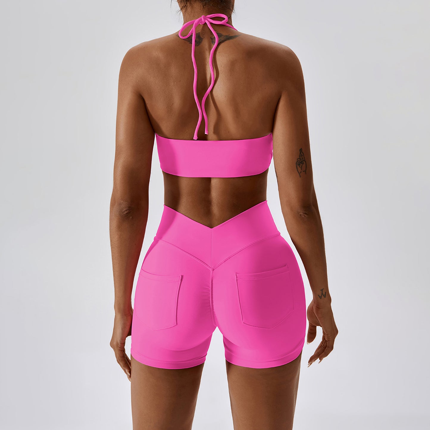 Backless Halter Workout Bra & Pockets Shorts Set