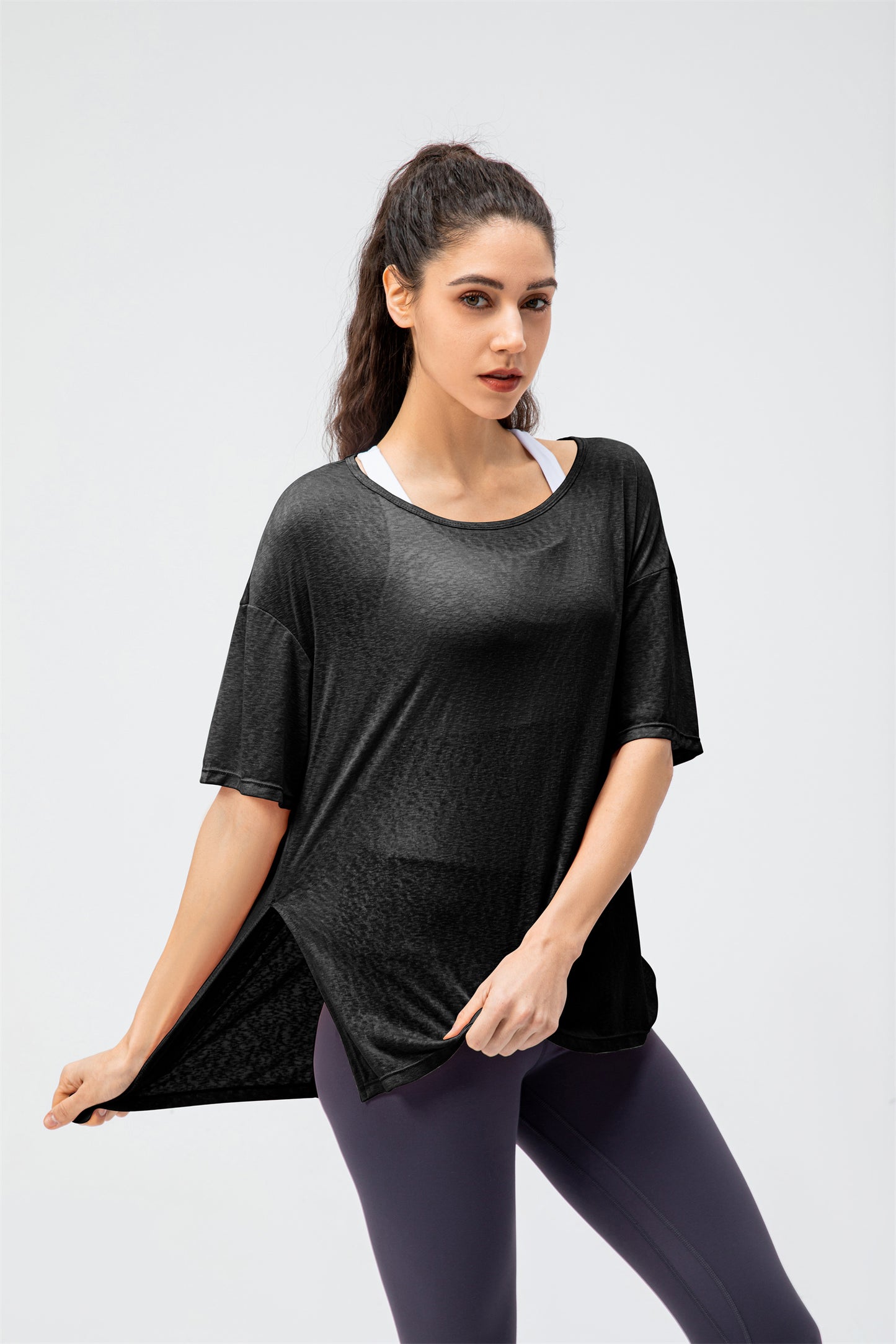 Crew Neck Double Slit Hem Sweatshirt