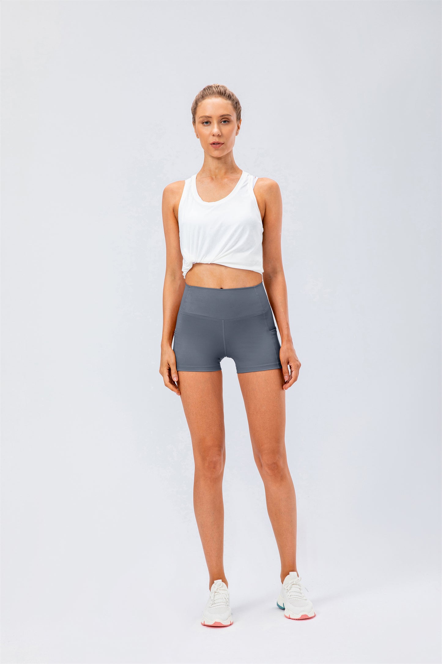 High Waisted Side Pocket Biker Shorts-Cloud