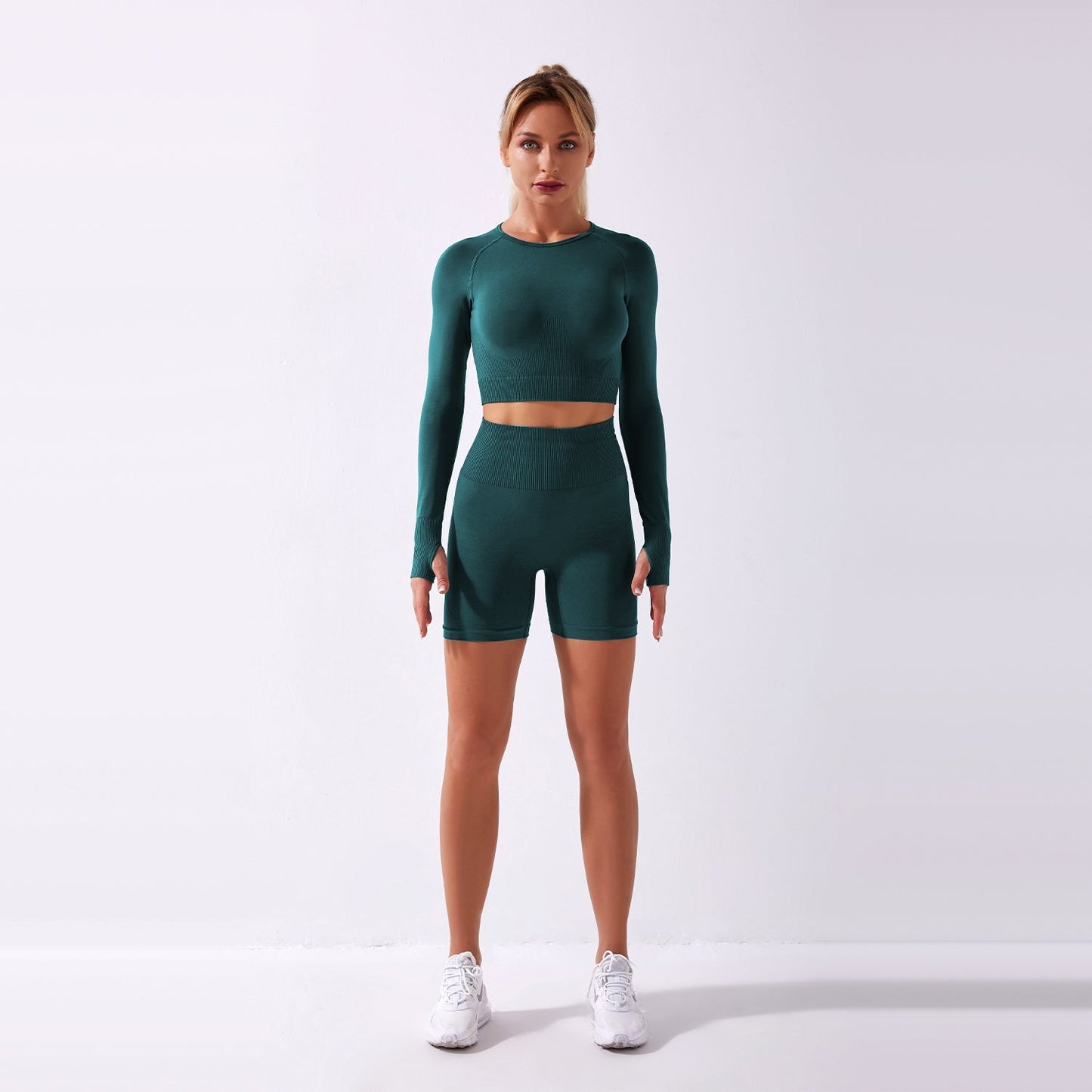 Seamless Gym Yoga Set Long Sleeve & Shorts for Women