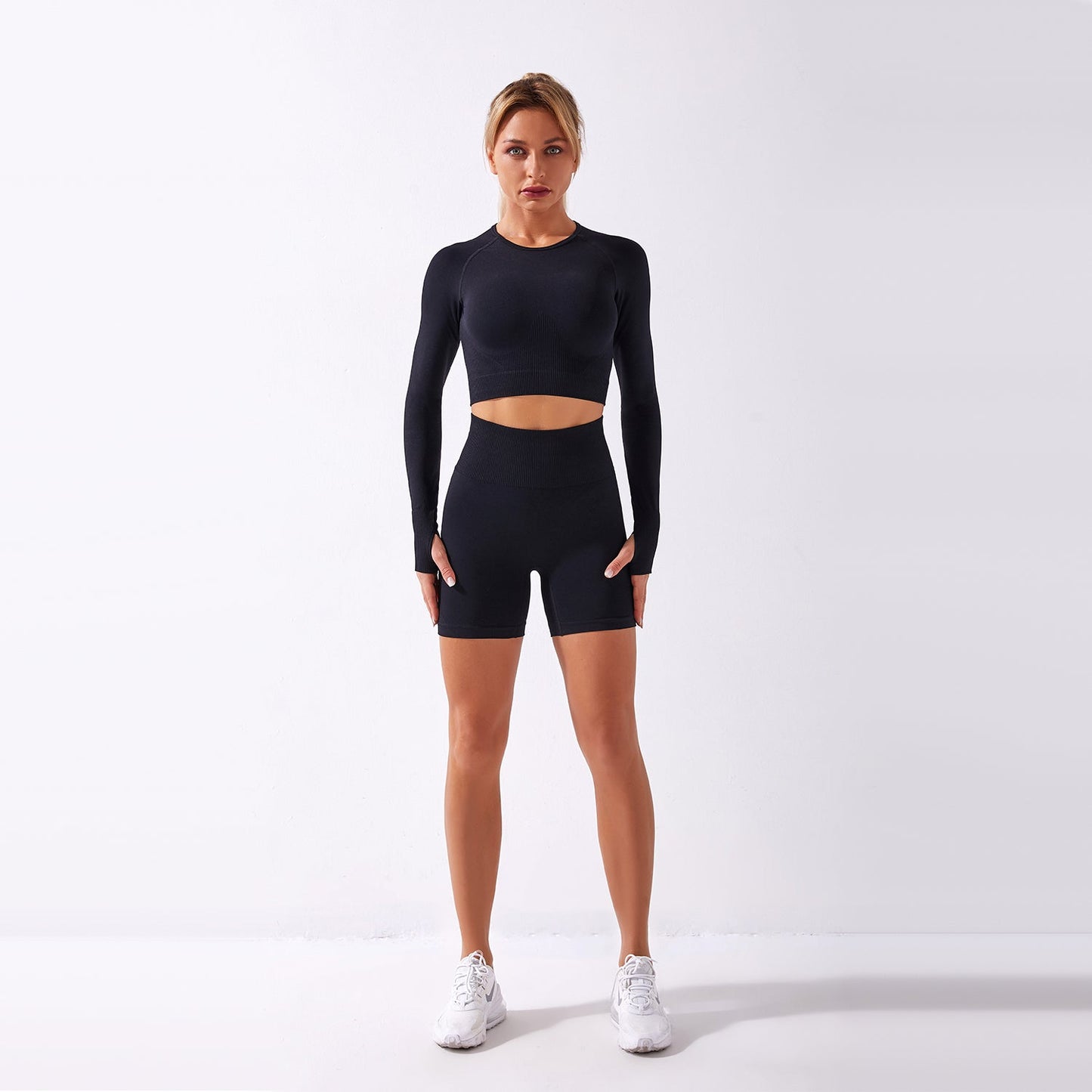 Seamless Gym Yoga Set Long Sleeve & Shorts for Women