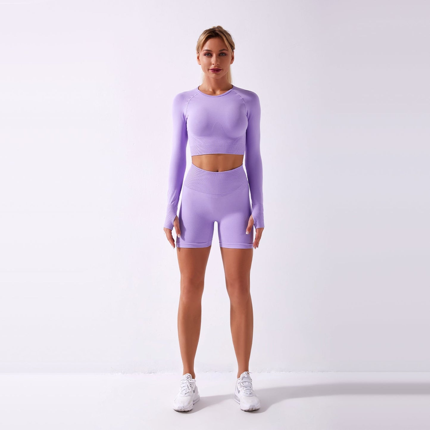 Seamless Gym Yoga Set Long Sleeve & Shorts for Women