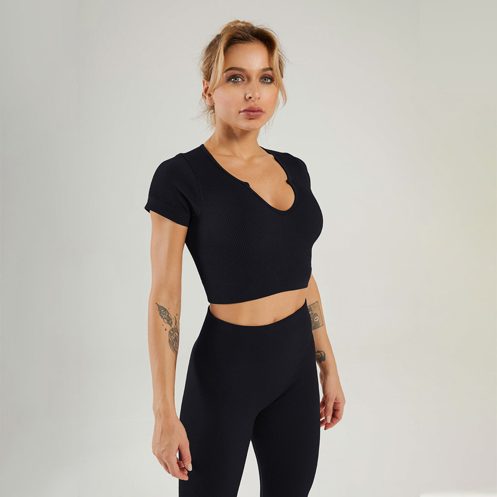 Seamless Gym Yoga Set Short Sleeve Top & Leggings for Women