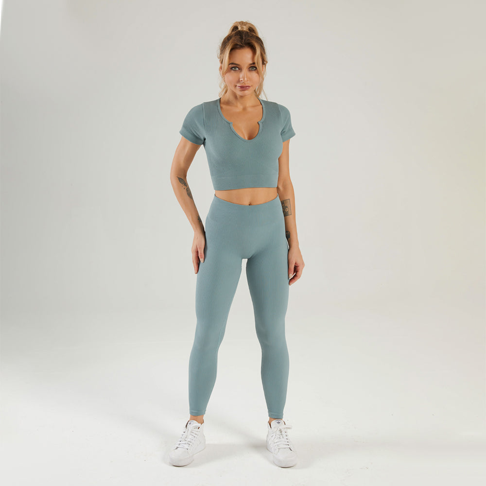 Seamless Gym Yoga Set Short Sleeve Top & Leggings for Women