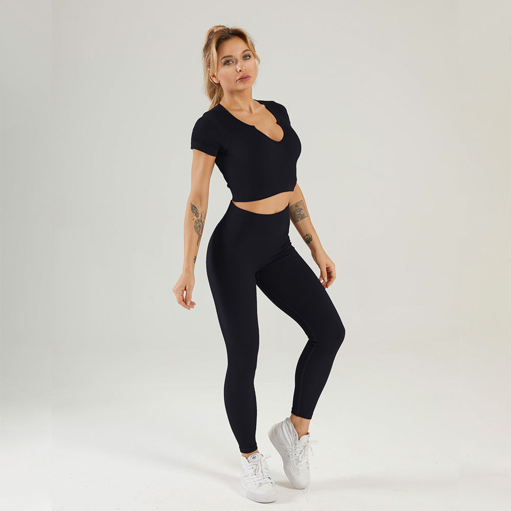 Seamless Gym Yoga Set Short Sleeve Top & Leggings for Women