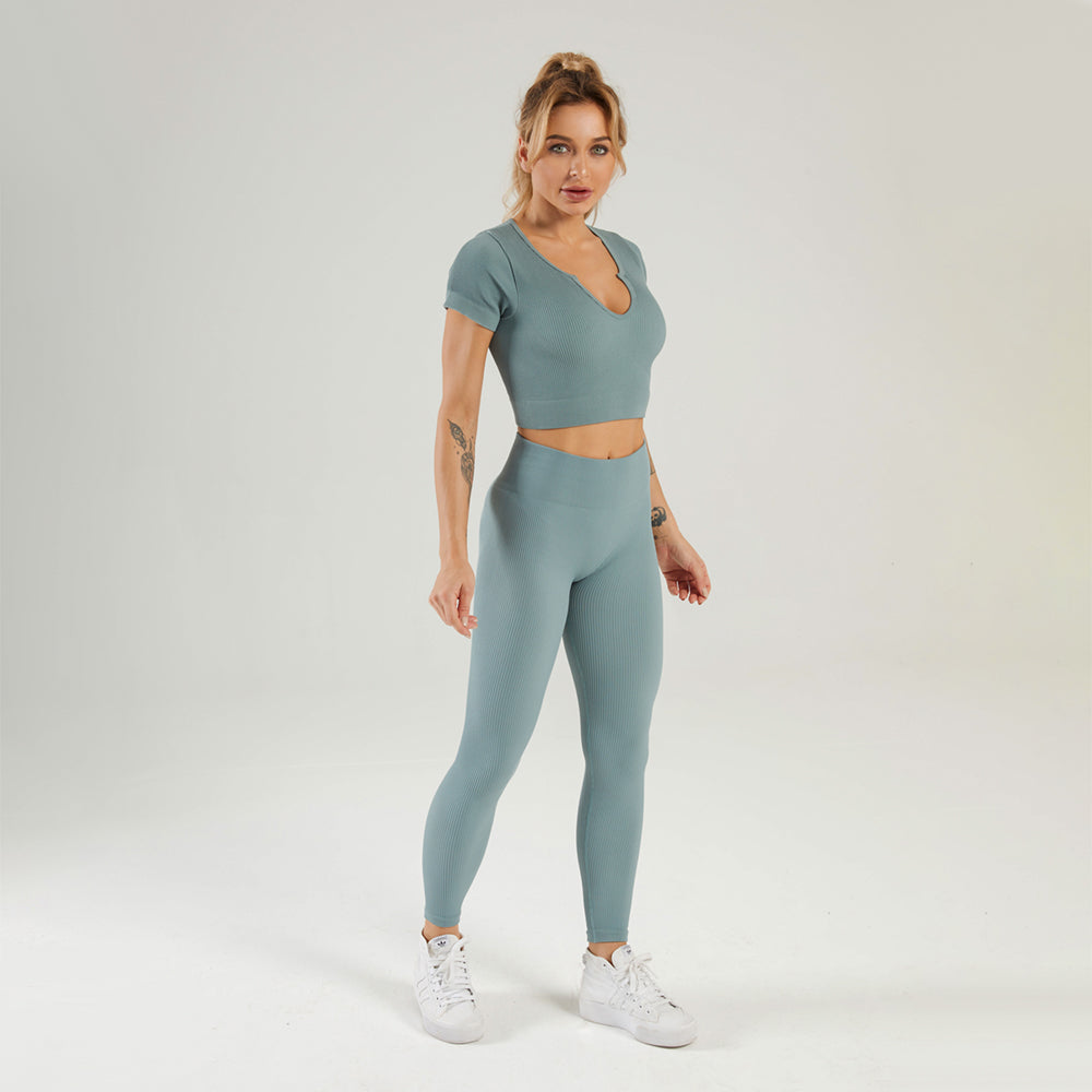 Seamless Gym Yoga Set Short Sleeve Top & Leggings for Women