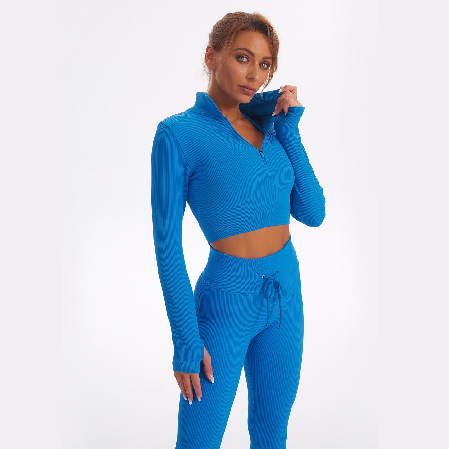 Seamless Gym Yoga Set Zip Up Long Sleeve & Leggings for Women