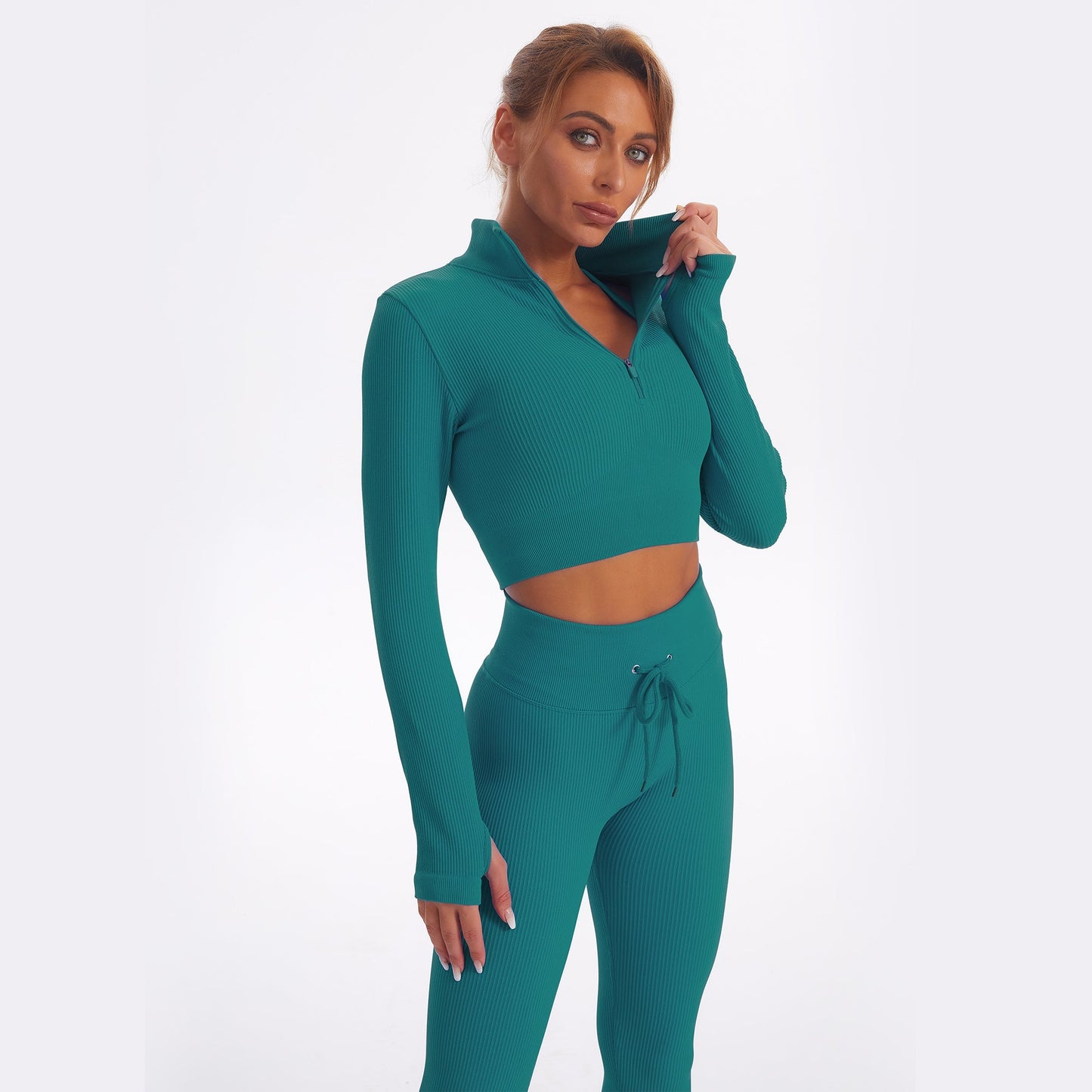 Seamless Gym Yoga Set Zip Up Long Sleeve & Leggings for Women