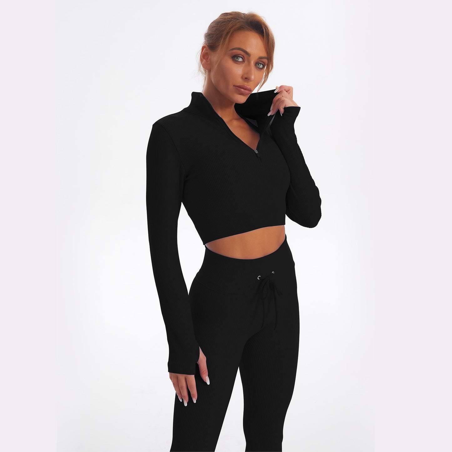 Seamless Gym Yoga Set Zip Up Long Sleeve & Leggings for Women