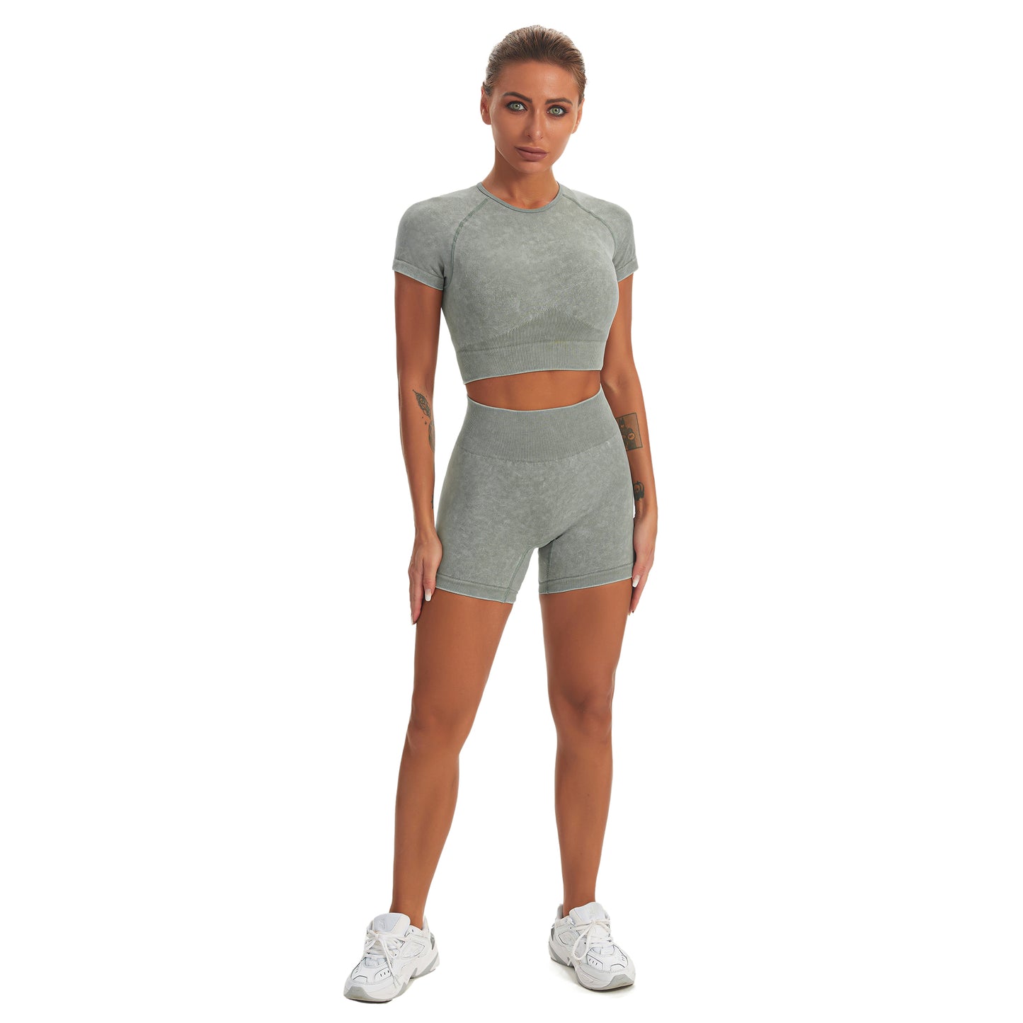 Seamless Gym Yoga Set Short Sleeve Top & Shorts