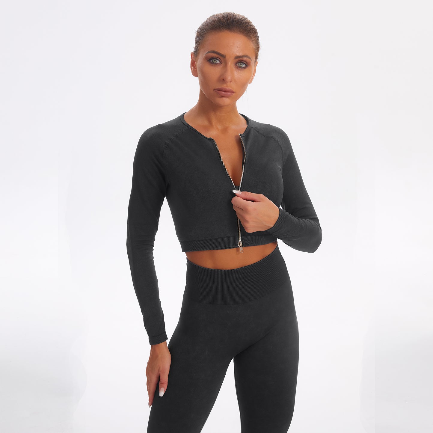 Seamless Gym Yoga Set Zip Up Long Sleeve & Leggings